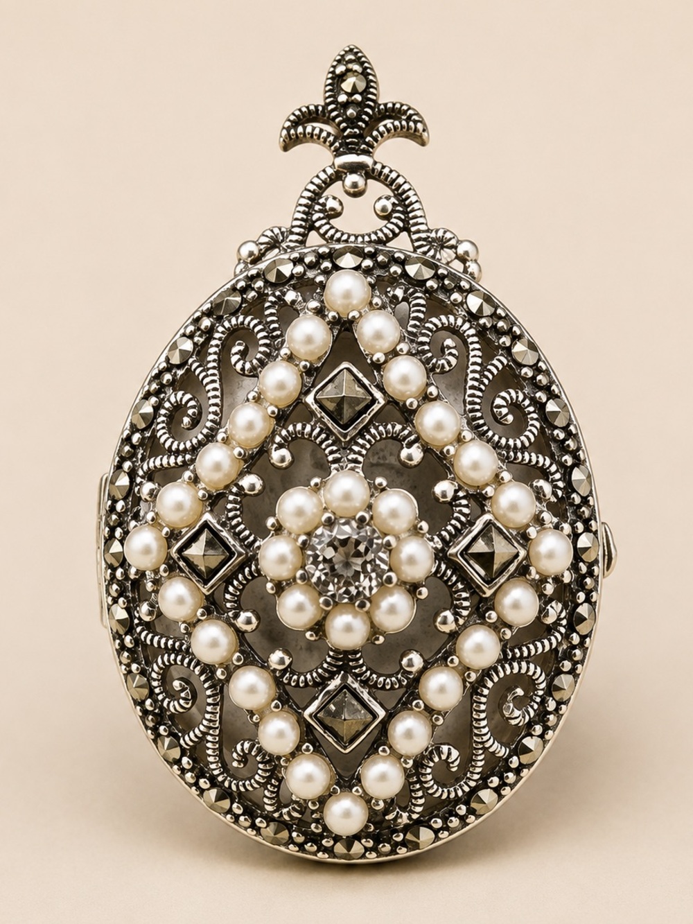 Vintage 925 Sterling Silver Marcasite Pearl Locket Pendant Gothic 1.75”